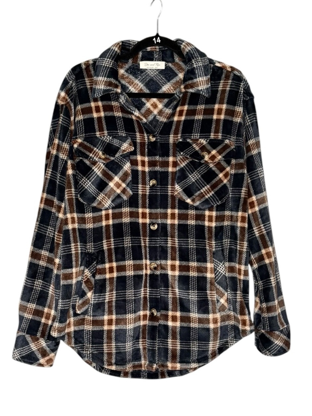 Doe and Rae button down plaid  shirt/shacket small Navy Tan NEW